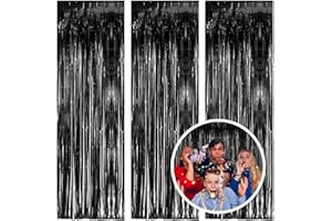 AMONE 3 Pack Black Fringe Backdrop Streamers Halloween Party Decorations Black Tinsel Foil Curtains Photo Booth Backdrop Birthday Wednesday Twilight Graduation Wizard Party Decorations Supplies