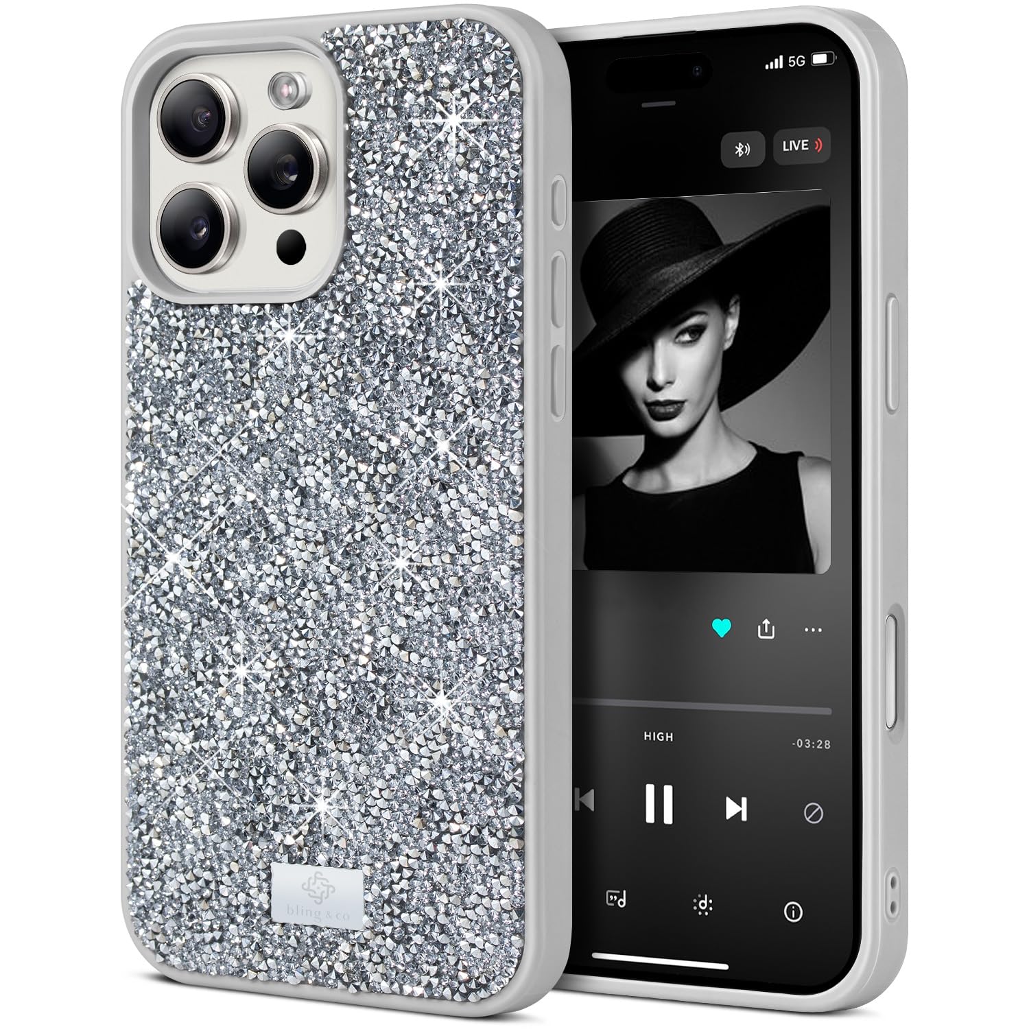 BEZ Case for iPhone 16 Pro Case Glitter, with Bling & Co. Series, Sparkle Diamond Crystal Bling Case Cover for iPhone 16 Pro, Sparkle Silver