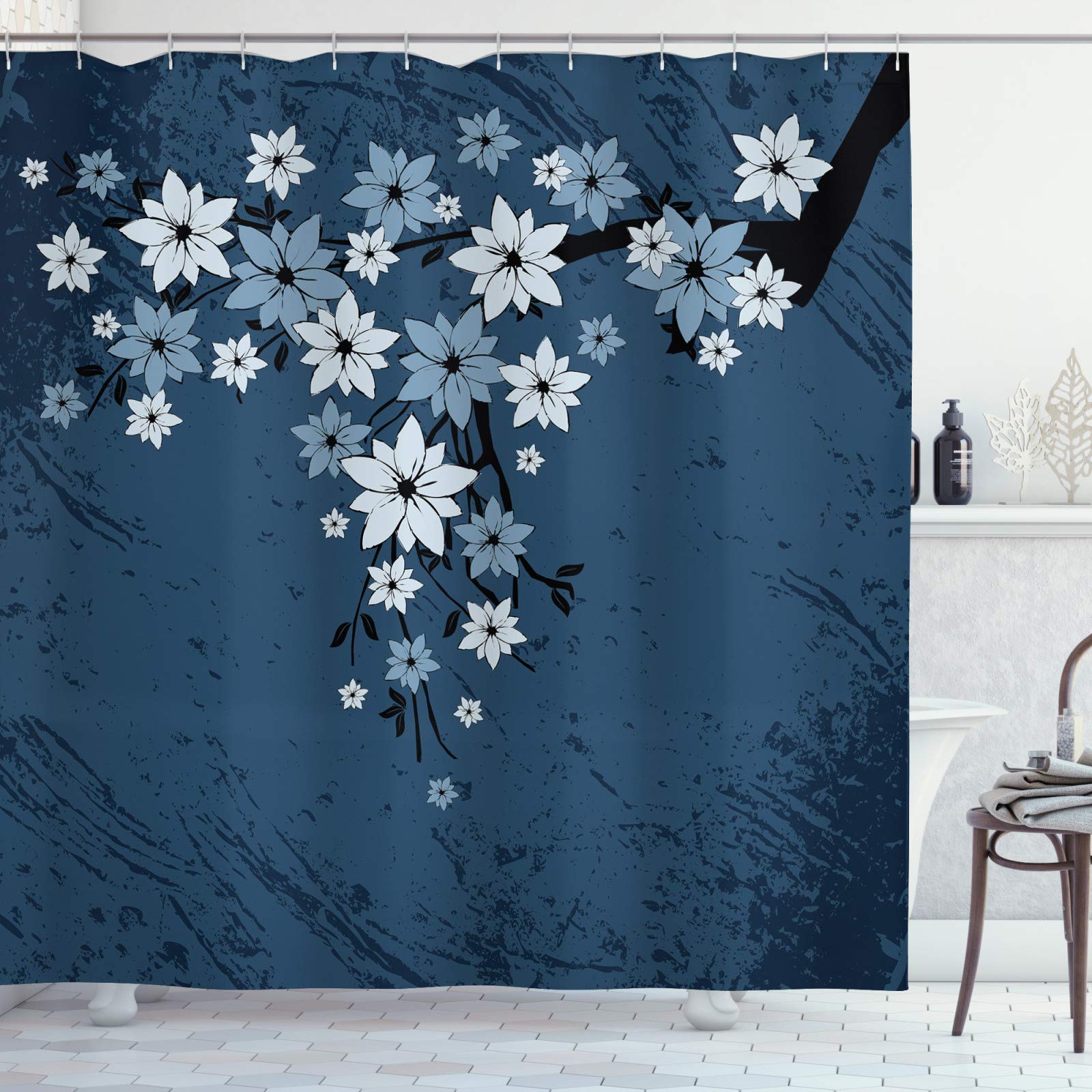 ABAKUHAUS Floral Shower Curtain, Spring Blooms on Grunge Backdrop Classic Petal Flourishing Season Essence Theme, Cloth Fabric Bathroom Decor Set with Hooks, 70 Inches, Night Blue Dust
