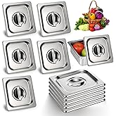 10 Pack 1/6 Size Steam Table Pan Covers Stainless Steel Commercial Food Pan Lids Metal Steam Prep Table Pans Covers with Handles for Fruits Vegetables Buffet Catering Roasting Food Trays, 7 x 6.5 Inch