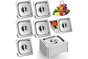 EUPHHONYCS 10 Pack 1/6 Size Steam Table Pan Covers Stainless Steel Commercial Food Pan Lids Metal Steam Prep Table Pans Covers with Handles for Fruits Vegetables Buffet Catering Roasting Food Trays, 7 x 6.5 Inch