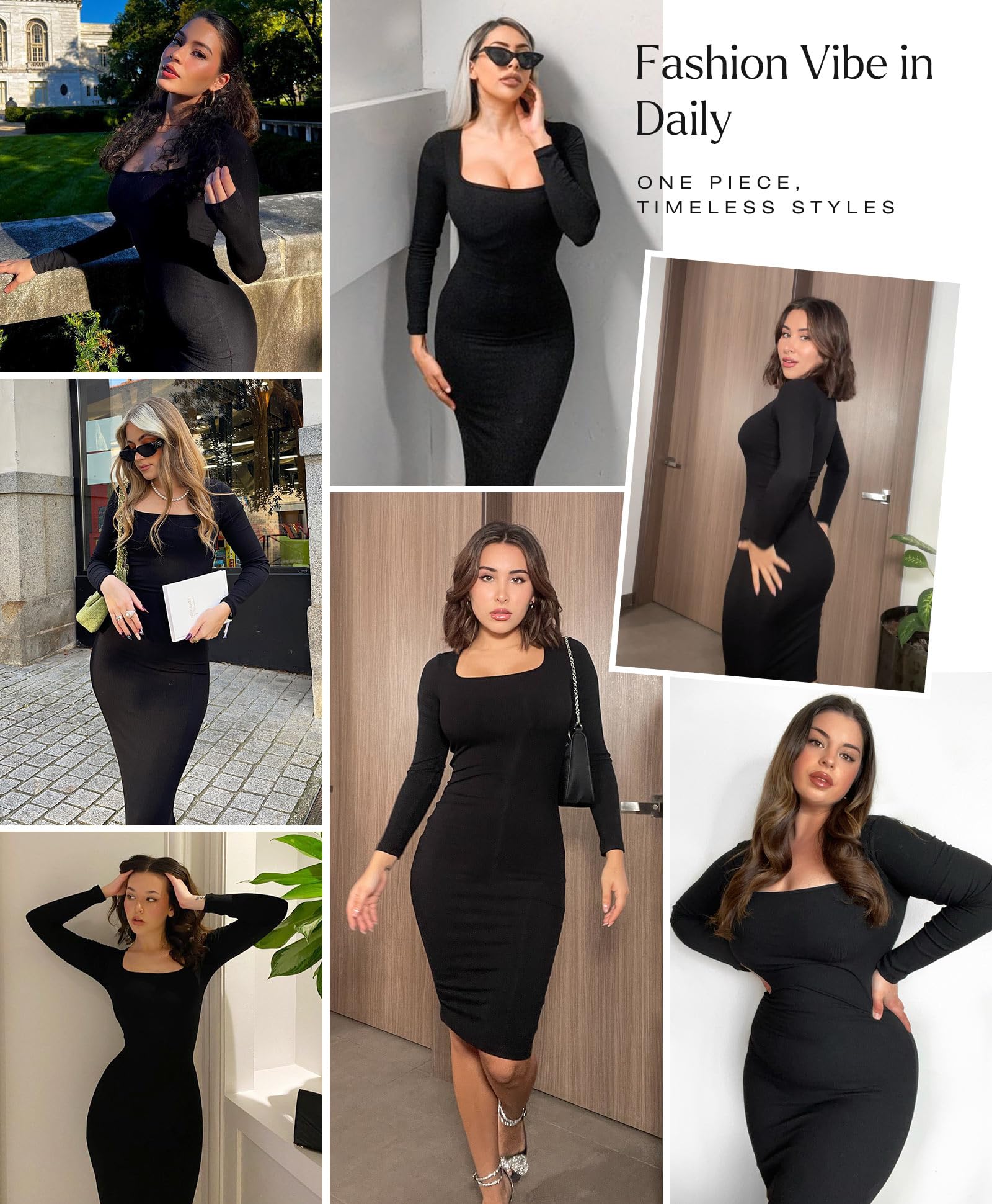 Popilush Dress Long Sleeve Midi Bodycon Dresses for Women Square Neck Shapewear Tummy Control Built-in Bra Party