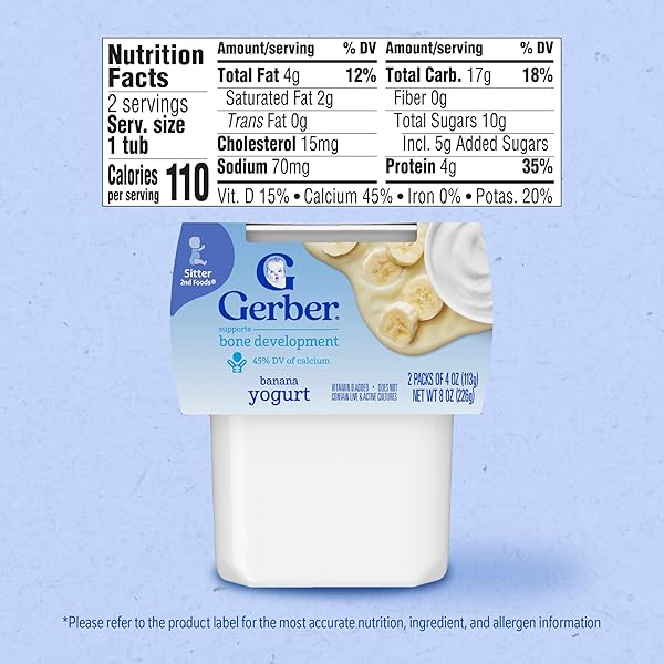 GERBER STAGE 2 BABY FOOD, BANANA YOGURT PUREE TUBS, CALCIUM SUPPORTS BONE DEVELOPMENT, BABY PUREE, 2-PACK