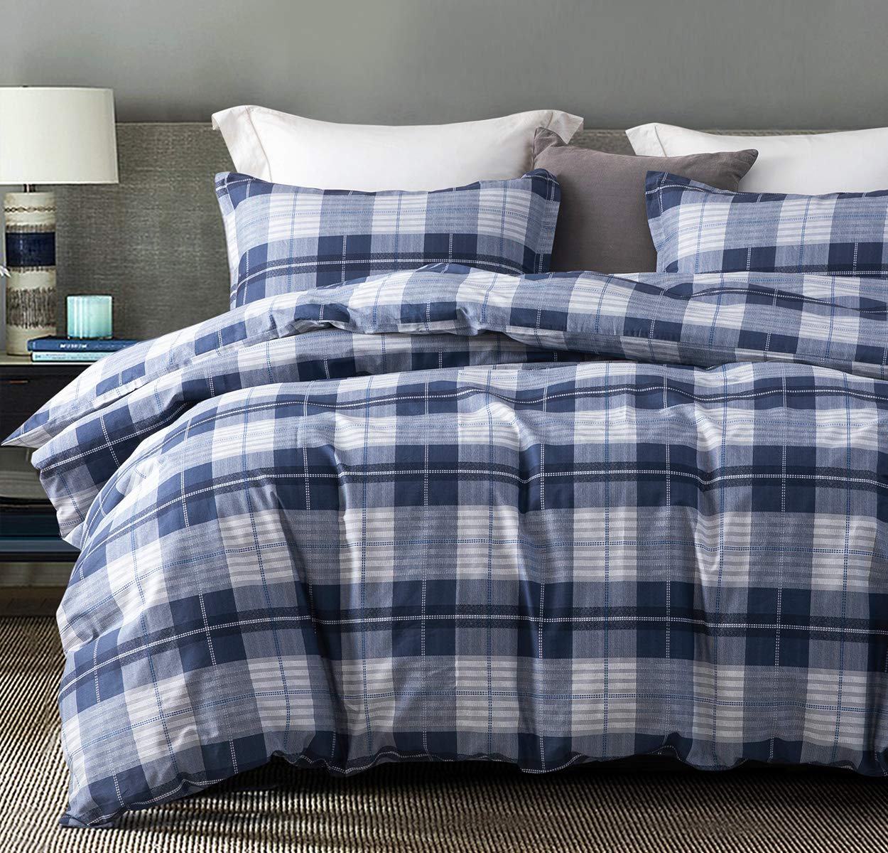 Photo 1 of SLEEPBELLA Comforter Queen Size, 600 Thread Count Cotton Navy Blue & Grey Buffalo Pattern Blue Plaid Comforter Sets,Down Alternative Bedding Set 3Pcs (Queen, Navy Plaid)