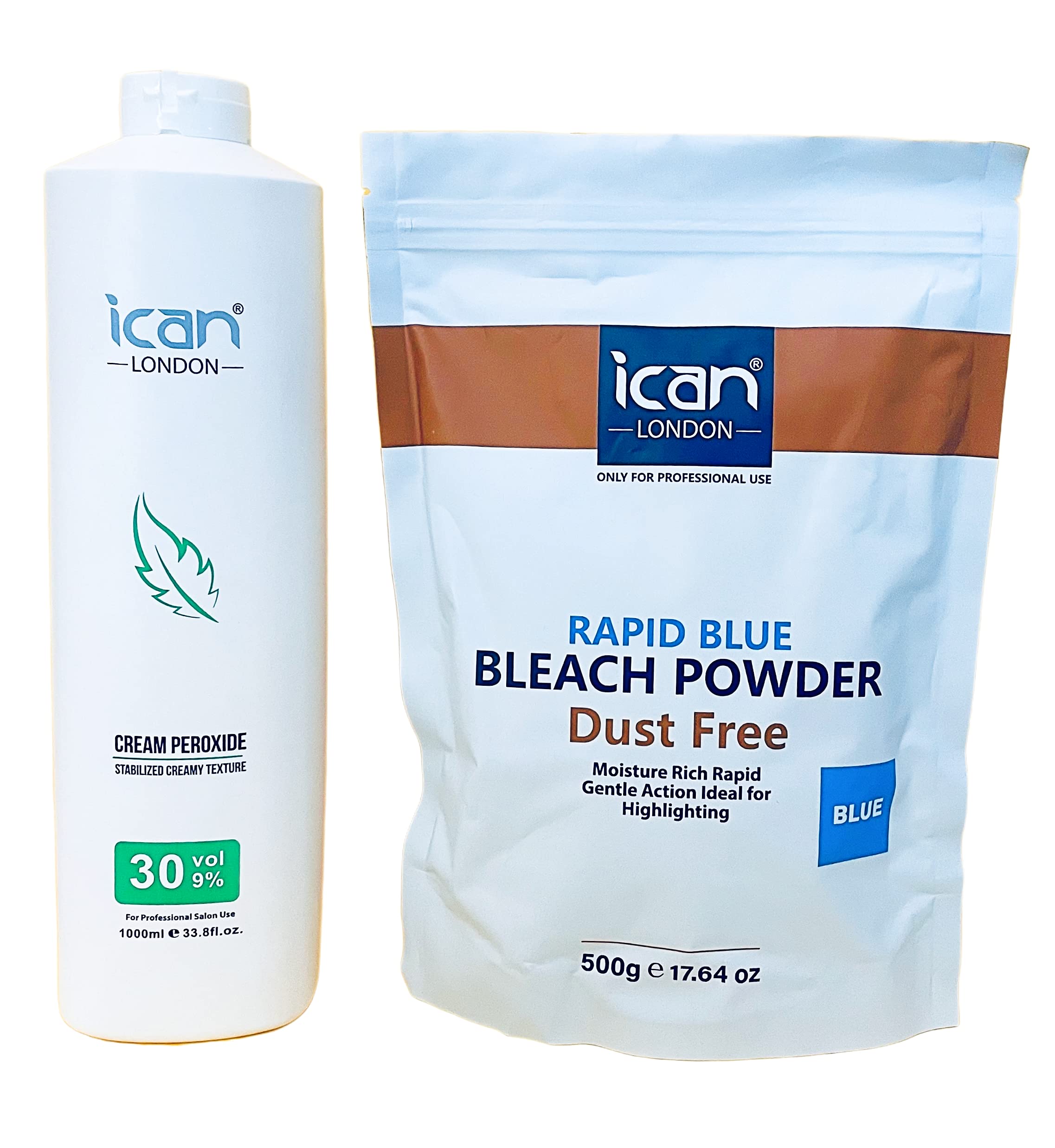 ican london cream peroxide 9% - 30 volume 1 liter + rapid blue powder bleach 500 g combo set
