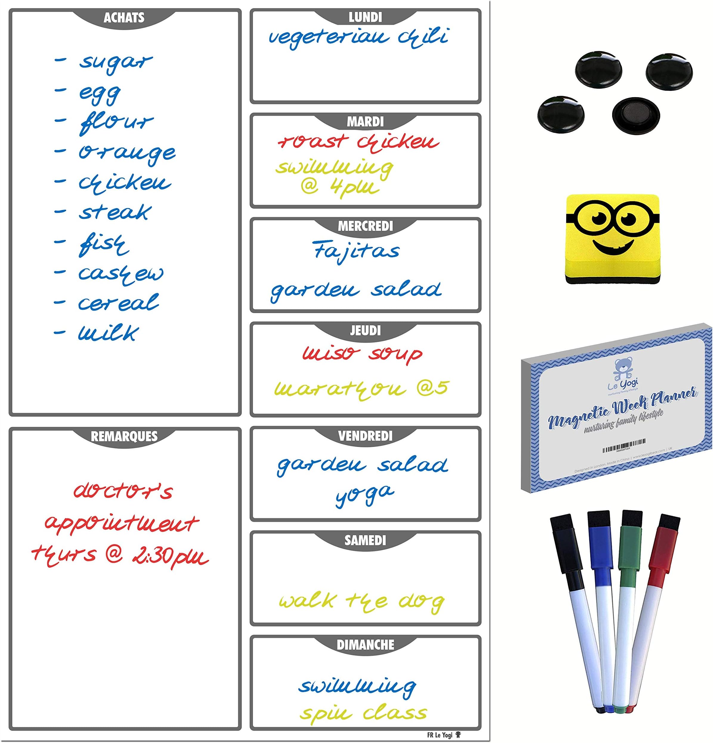Le Yogi Agenda hebdomadaire magnétique, planificateur de repas ou de liste de choses à faire avec gomme, 4 marqueurs, 4 boutons et 100 recettes de repas, format A3