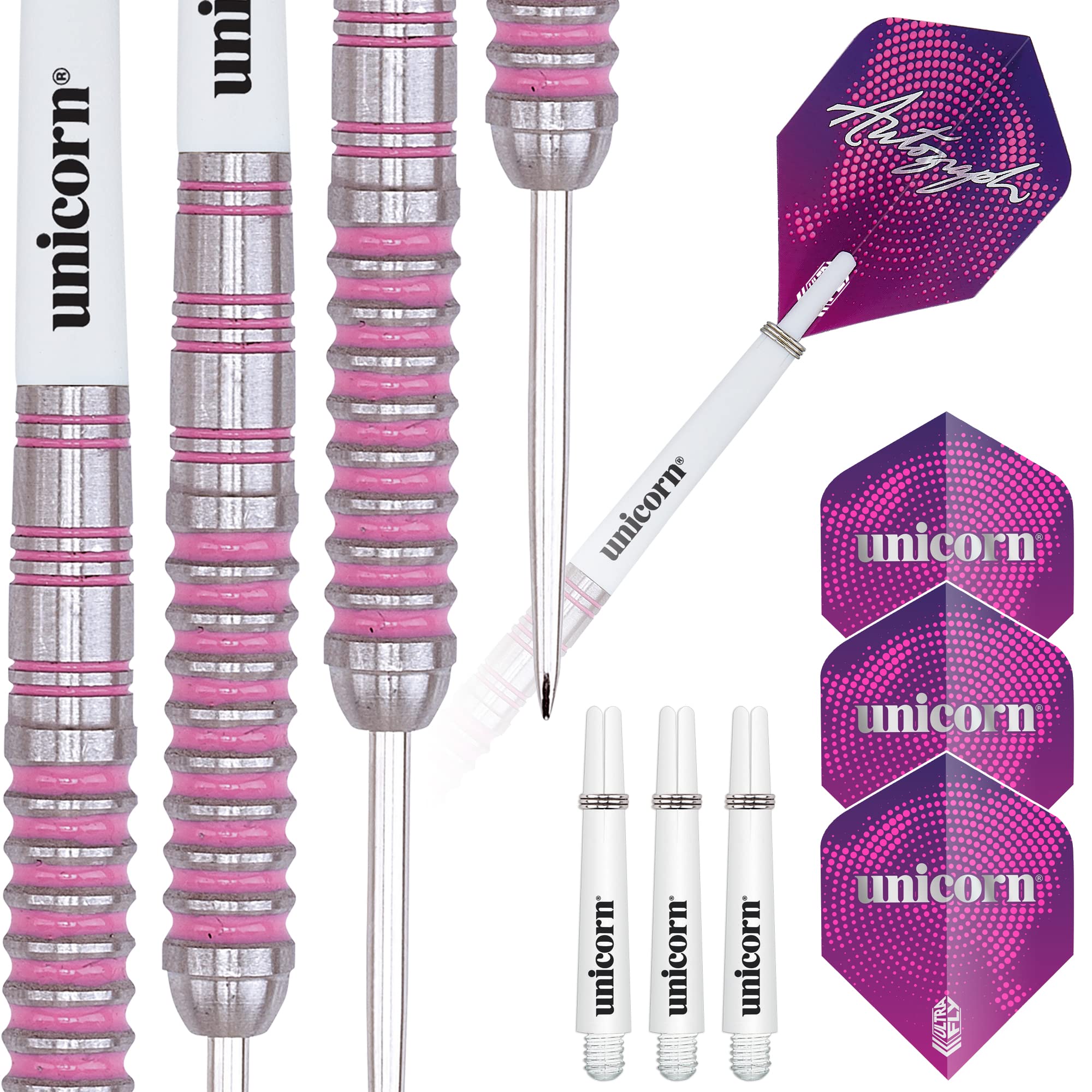 ‎Unicorn Steel Tip Professional Darts Set | Autograph Series Style 1 | 80% Natural Tungsten Barrels with Pink Accents | 26 g