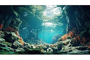 Riivvdise Aquarium Background Ocean Floor Fish Tank Background Underwater Coral Reef Stone Aquarium Backdrop Under Water Seaweed Background Cave Sunlight Backdrop Decoration Backdrops Vinyl 30x12in