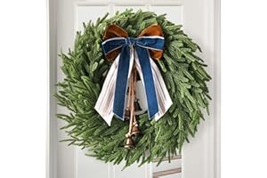ZESUA Christmas Decorations - 22 Inch Norfolk Pine Christmas Wreath with Bells and Ribbon - Artificial Pine Greenery Winter Wreath for Home Table Wall Window Porch Door Indoor Outdoor Decor