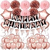 Birthday Party Decorations for Women Girls Rose Gold and Pink Happy Birthday Banner Hanging Swirls Heart Star Foil Confetti Balloons Paper Pom Poms Set for Birthday Anniversary Princess Party Supplies