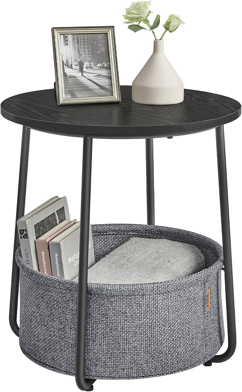 VASAGLE Round Side Table with Fabric Basket Ebony Black Slate Grey LET223B01