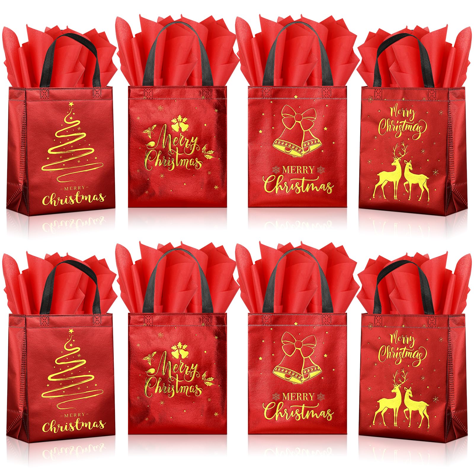 Photo 1 of 24 Pack Christmas Gift Bags with Tissues, Red Medium Reusable Christmas Tote Bags with Handles, Metallic Gold Foil Goodie Bags Non Woven Gift Bags Bulk for Christmas Holiday Party Favors, 5x8x10 Inch