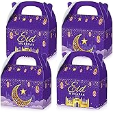 TaoBary 24 Pack Ramadan Treat Boxes Eid Mubarak Gift Boxes Mosque Star Moon Lantern Party Favor with Handle Bulk Ramadan Goodie Candy Bag for Eid Al Fitr Packages Supplies(Purple)