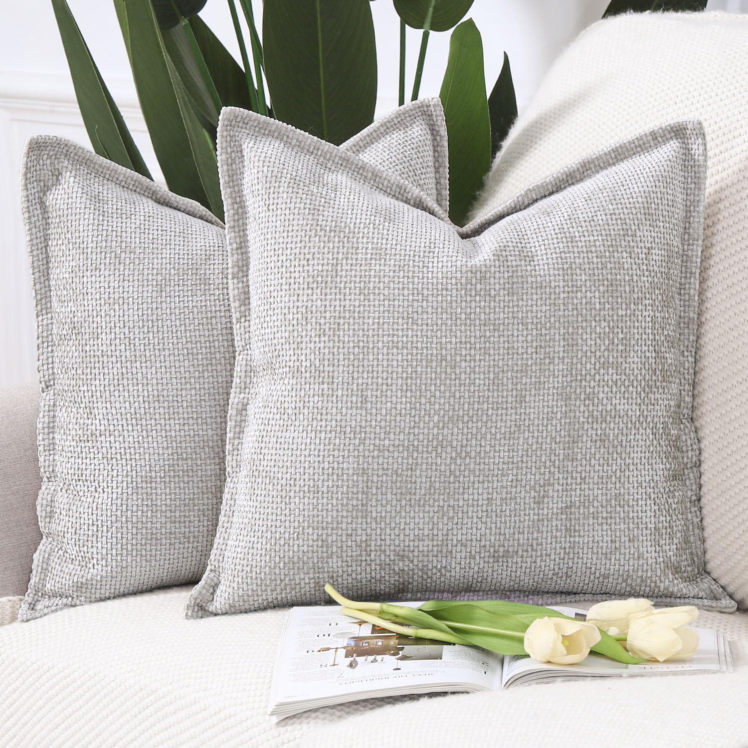 Madizz Set of 2 Chenille Velvet Cushion Covers with Flange Soft Boho Textured Throw Pillow Covers Broadside Pillowcases Modern Farmhouse Home Decor for Sofa Bedroom Oatmeal 16x16 inch, 40x40 cm