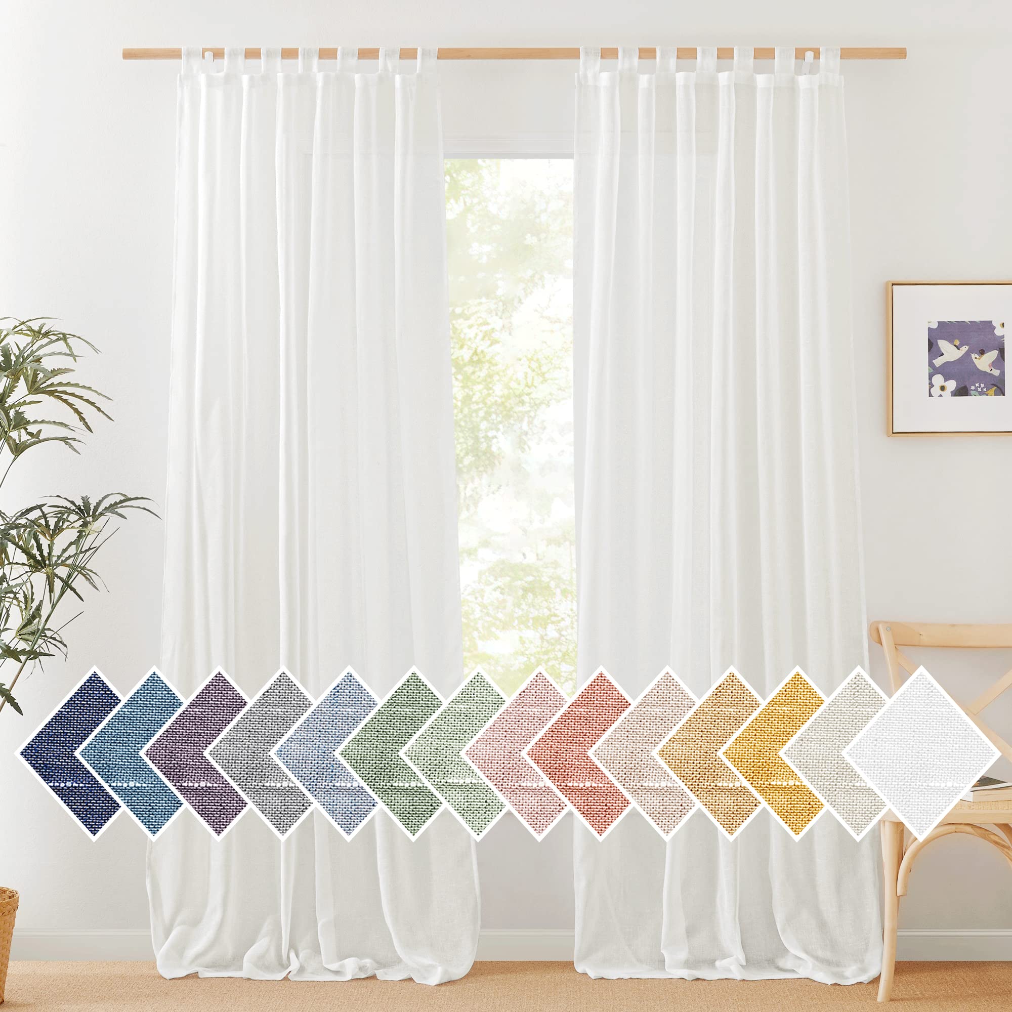 Photo 1 of NICETOWN Sheer Linen Curtains Flax Textured for Living Room, Tab Top Vertical Semi-Sheer Panels Natural Privacy Sheer Drapes with Light Filter for Villa/Cottage, W52 x L84, Ivory, 1 Pair