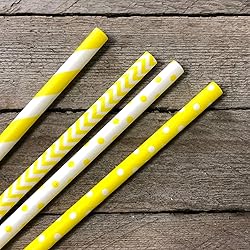 Yellow and White Paper Straws - Stripe Chevron