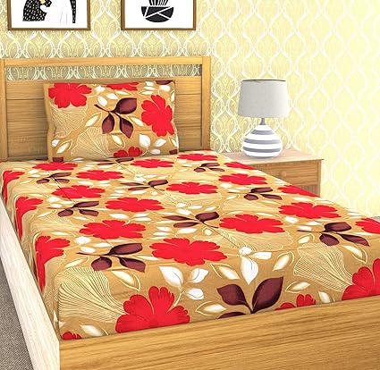 EMART Cotton, 120 TC, Single Bedsheet (220cm x 150cm) with One Pillow Cover (46cmx 68cm) Flower Print (Beige)