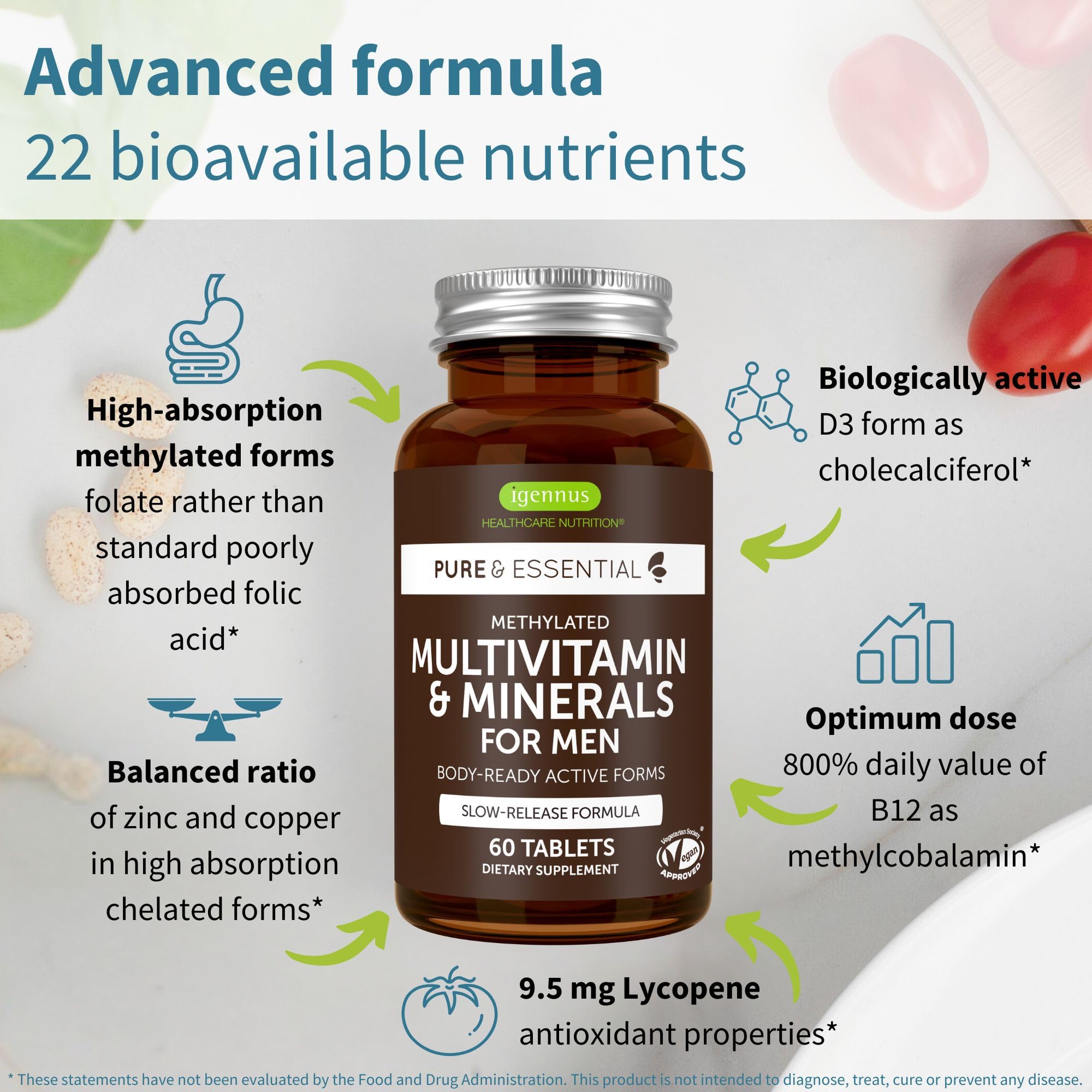 Igennus Methylated Men's Multivitamin with 22 Actives, All-Day Nutrient Delivery, Pure & Clean, Methylfolate & Methylcobalamin, High Strength MTHFR Supplement, Non-GMO & Halal, 60 Tablets
