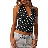 MakeMeChic Women's Halter Polka Dots Top Y2k Going Out Tops Backless Deep V Cowl Neck Tops