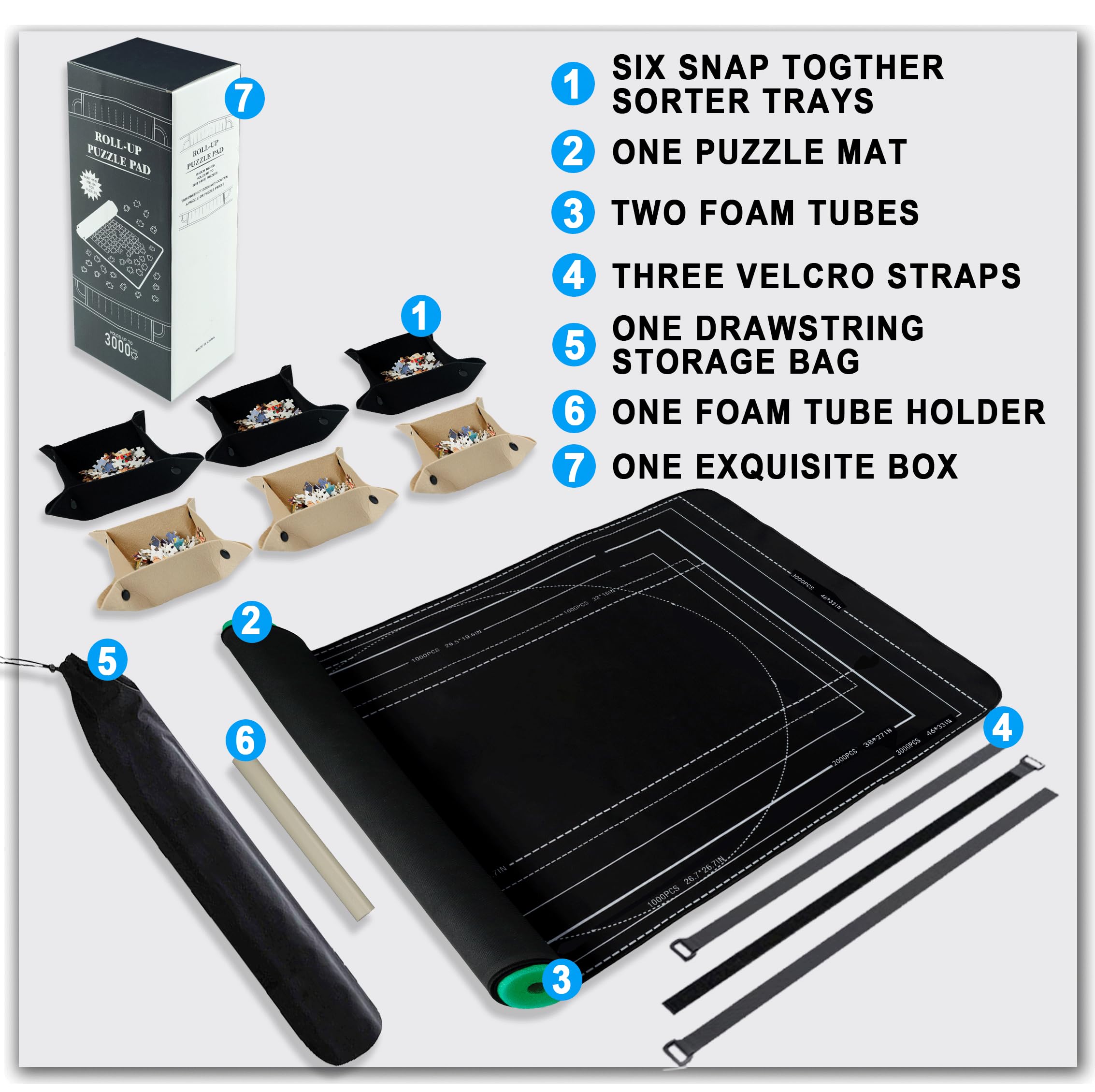 Jigsaw Puzzle Mat Roll Up, Portable Saver Pad 53.2” x 35” Up to 3000 Pieces, Puzzle Matt Rollup with Non-Slip Rubber Bottom & Smooth Top. (6 Sorting Trays & 1 Storage Bag)