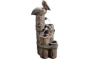 Teamson Home Nautical 3 Tiered Floor Waterfall Fountain with Pelican and Wooden Post, Pump for Outdoor Patio Garden Backyard Decking, 35 Inch Height, Brown