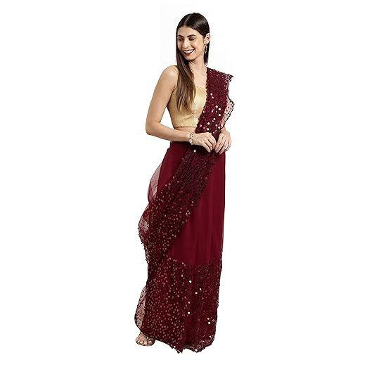 Womanista net with blouse piece Saree (TI1326_ Burgundy_ One Size)