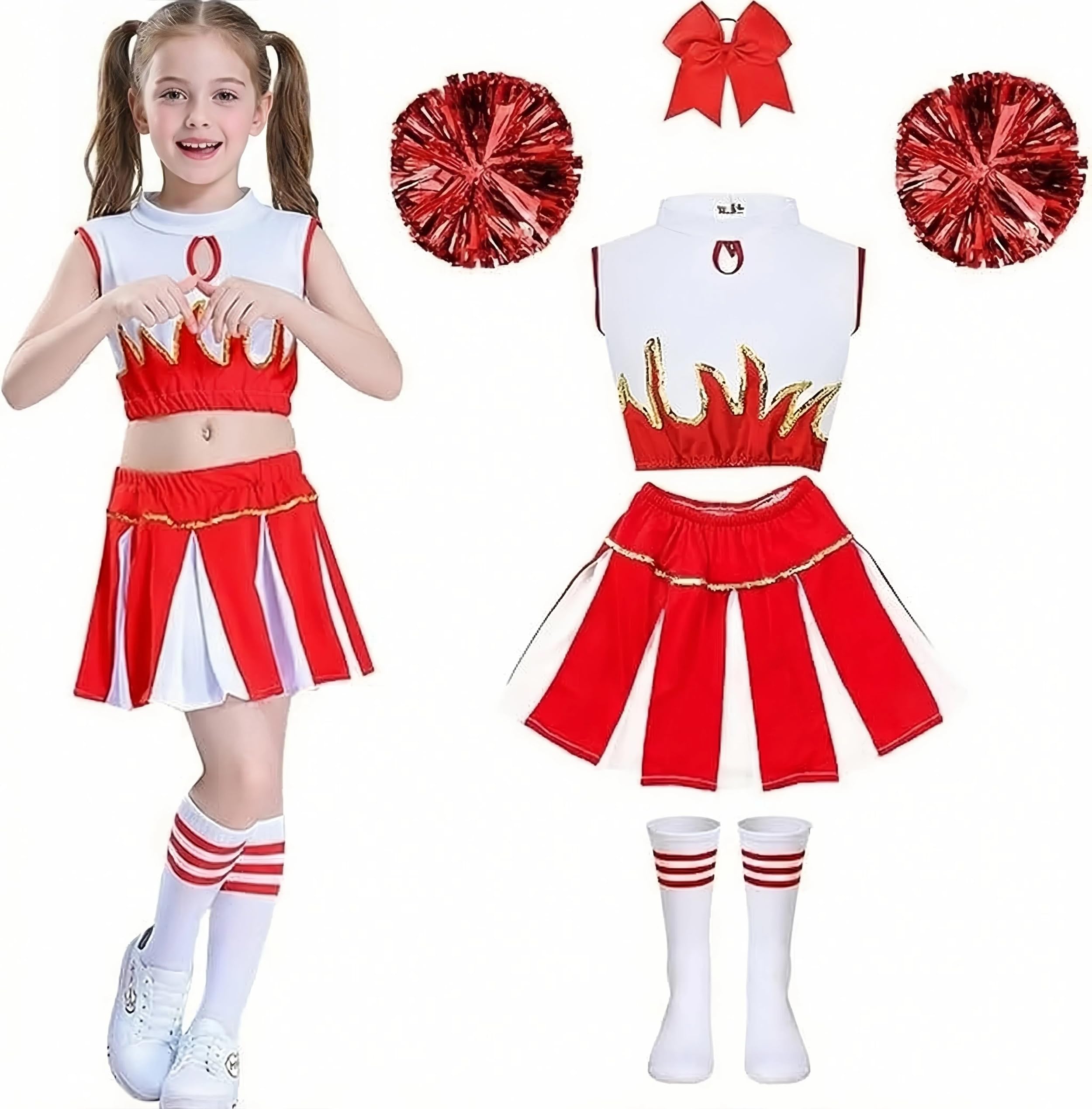 Gekyve Cheerleader Costume for Girls, Cheerleading Outfit Kids Uniform with Pom Poms Socks Hair Band, Sleeveless Cheer Outfit for School Sports Carnival Masquerade