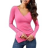 TAIPOVE Women's Long Bell Sleeve V Neck Ribbed Shirt Asymmetrical Hem Going Out Tops Slim Fit Trendy Fall Winter Outfits