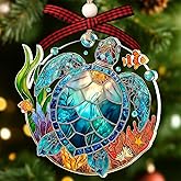Sea Turtle Ornament – Turtle Ornaments for Christmas Tree – Sea Turtle Gifts for Women – Beach Christmas Ornaments for Tree – Ocean Gifts – Acrylic Faux Stained Glass Ornament