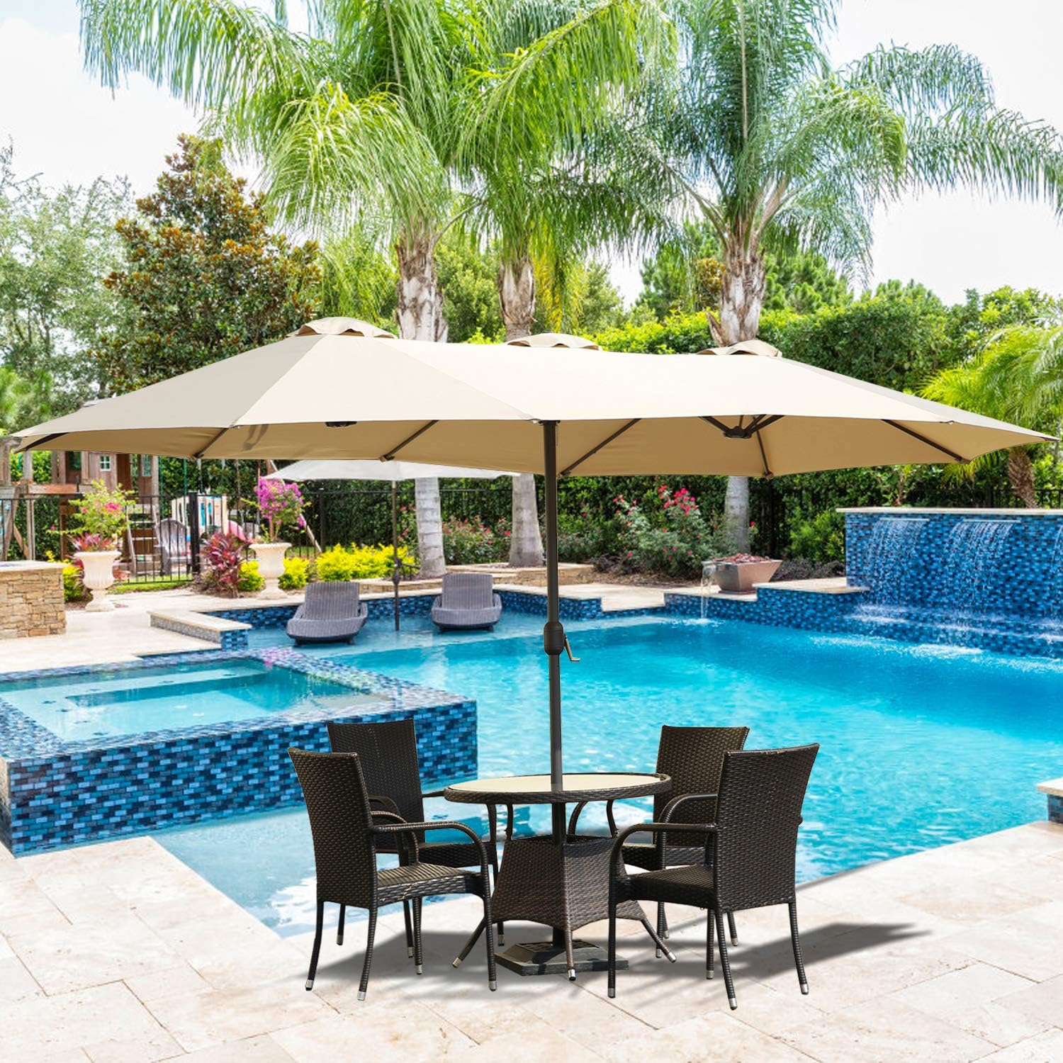 Amazon Com Aclumsy 15 Ft Outdoor Patio Umbrella Double Sided Outdoor Market Umbrellas With Crank Lift With Crank Beige Garden Outdoor