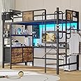 Loft Bed Twin Size with L-Shaped Desk,Metal Bunk Bed Frame with 5 Storage Drawers, LED Lights & Charging Station,Twin Loft Bed with Removable Ladder, Safety Guardrail,No Box Spring Needed,Rustic Brown