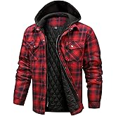 CHEXPEL Flannel Jackets for Men Long Sleeve Plaid Shirt Jacket Quilt Lined Hooded with Button Down Winter Coat
