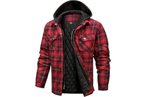 CHEXPEL Flannel Jackets for Men Long Sleeve Plaid Shirt Jacket Quilt Lined Hooded with Button Down Winter Coat