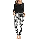 Vlazom Women's Pajama Set 2 Pieces Soft Sleepwear Set Warm Long Sleeve Sweatshirt and Long Plaid Pants with Pockets S-XXL