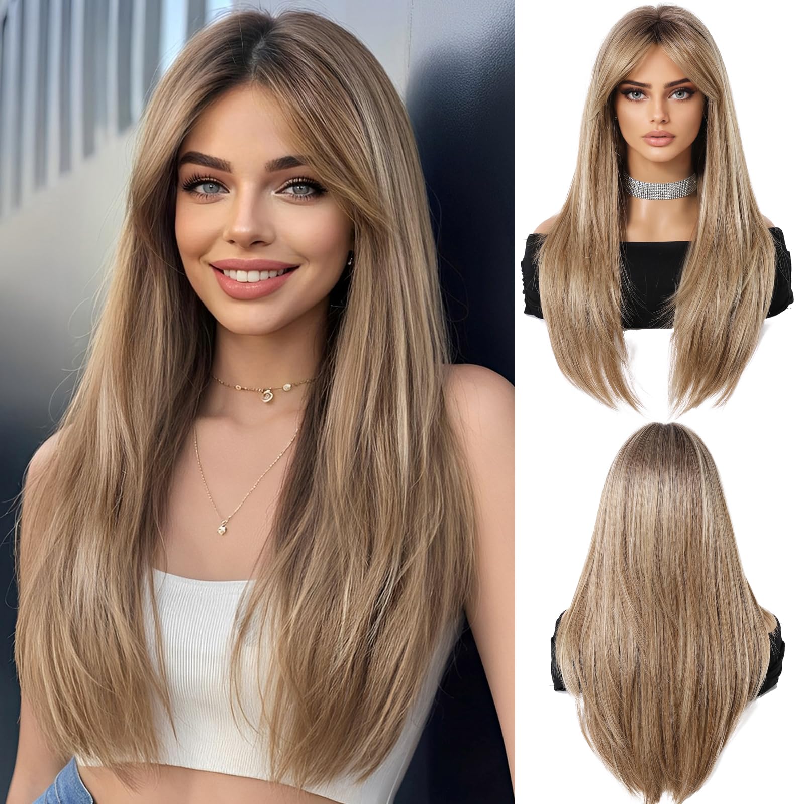 OUFEI Strawberry Blonde Wigs with for Women Bangs Long Straight Layered Synthetic Hair Wigs with Dark Roots for Daily Party Use — image 1