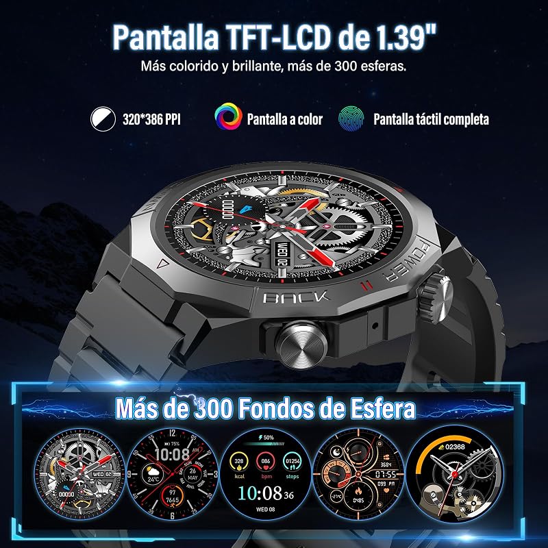 Reloj inteligente hombre mujer, Militar Smartwatch, 1,39 HD pantalla, Negro — foto 7 de 7