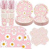 KEFAN Pink Daisy Birthday Party Decorations, Daisy Theme Party Tableware Supplies including Plates, Cups, Napkins, Tablecloth (40)