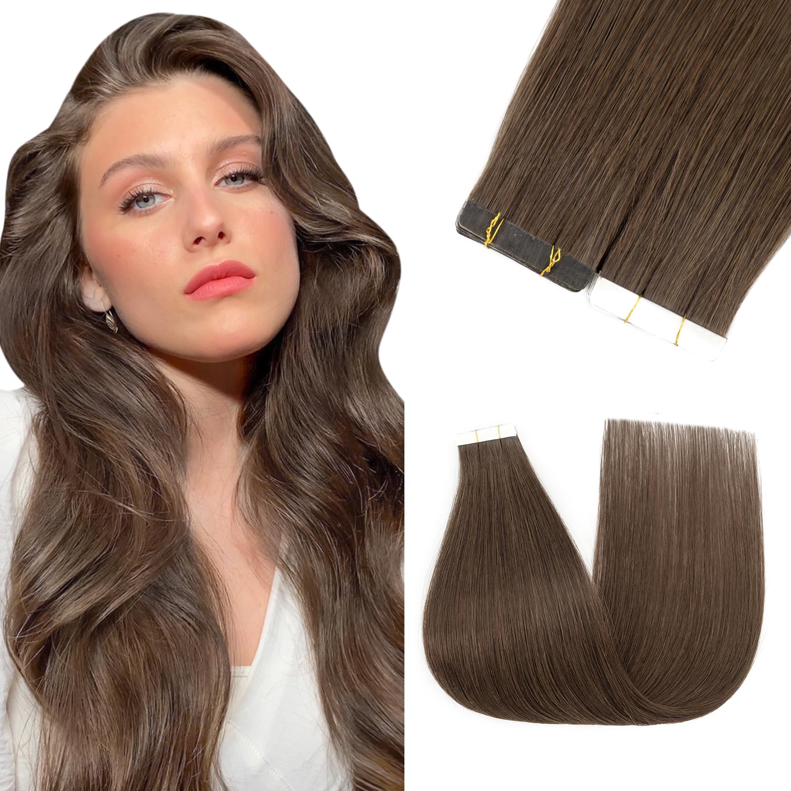 20 Pcs 100% Real Remy Human Hair Extensions Tape in Skin Weft Hair Extension 18" #02 Dark Brown Straight 30g/Set
