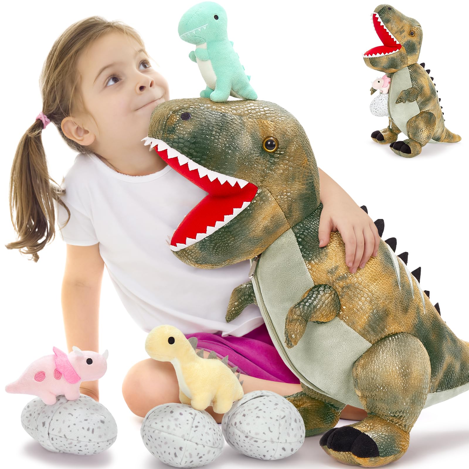 MorisMos Big Dinosaur Teddy Stuffed Animal, 58cm Cuddly Fluffy Mom with Babies Inside, Large Grey T-Rex Soft Toys Kawaii Dino Present for Kids Birthday Christmas Deco β image 1
