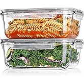 Vtopmart 2Pack 1860ml/63oz Large Glass Storage Containers With Lids, Grey | Meal Prep Food Container Set with Snap Airtight Lid, For Baking, Microwave, Oven, Leak Proof, Freezer, Dishwasher, BPA Free