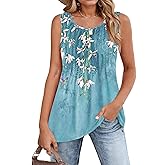 Zeagoo Women's Summer Tank Tops 2026 Pleated Crew Neck Floral Solid Loose Fit Casual Sleeveless Flowy Boho Tunic Shirts