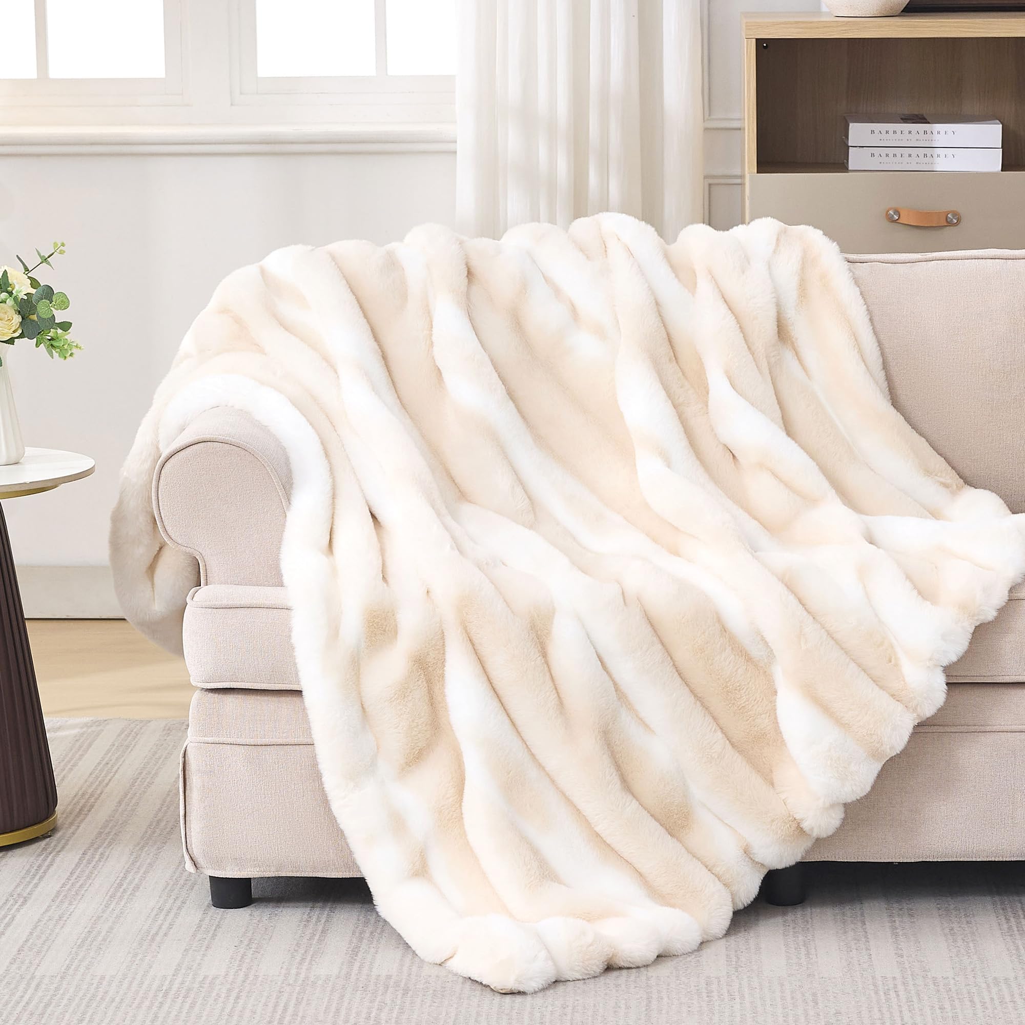 Photo 1 of VFROO Faux Rabbit Fur Throw Blanket – 850GSM Thick & Warm, Ultra Soft Plush Blanket for Couch, Bed, Sofa, Ideal Gift for Women, 60" × 80", Beige