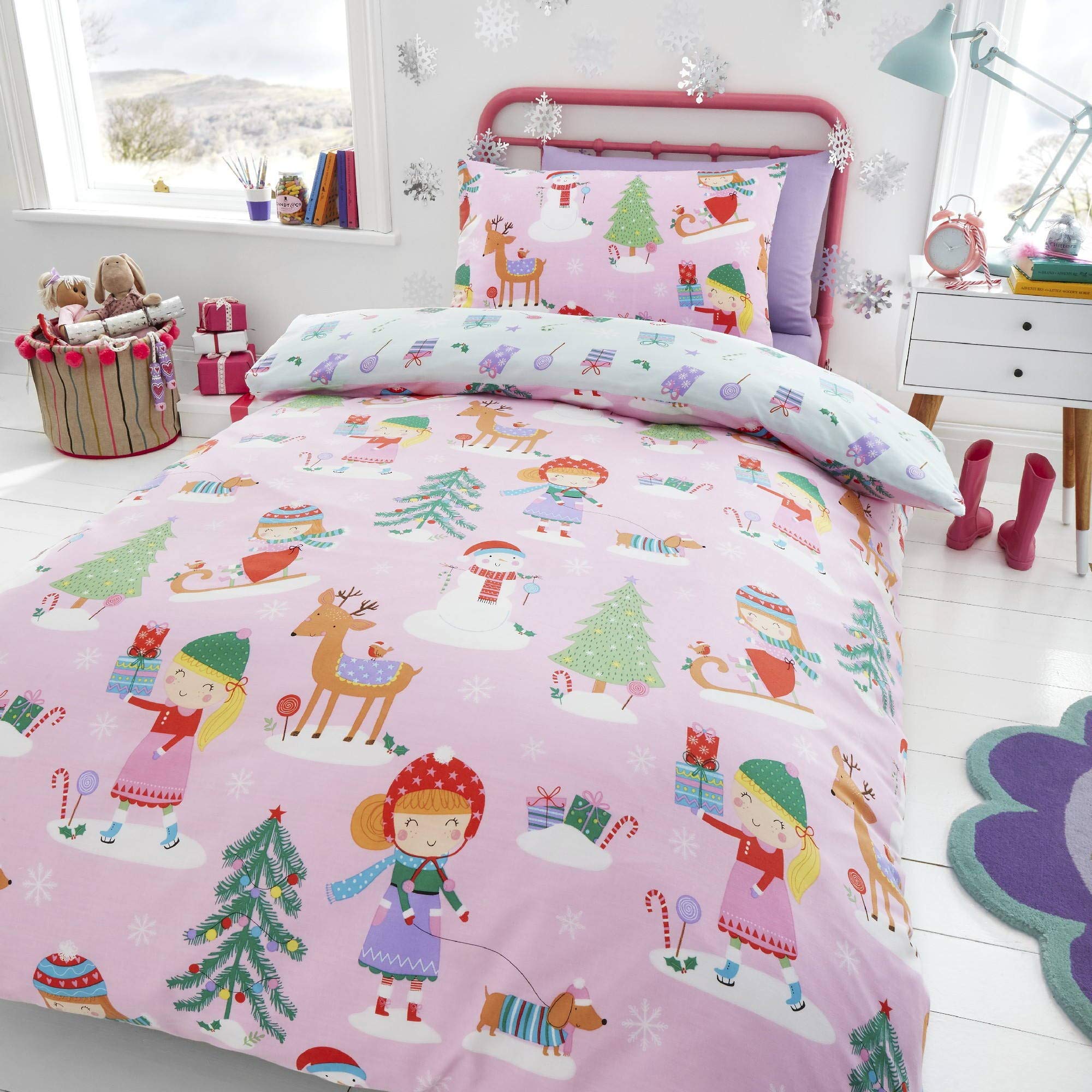 Happy Linen Company Kids Girls Festive Christmas Tree Ice Skating Sausage Dog Pink Double Reversible Duvet Cover Bedding Set