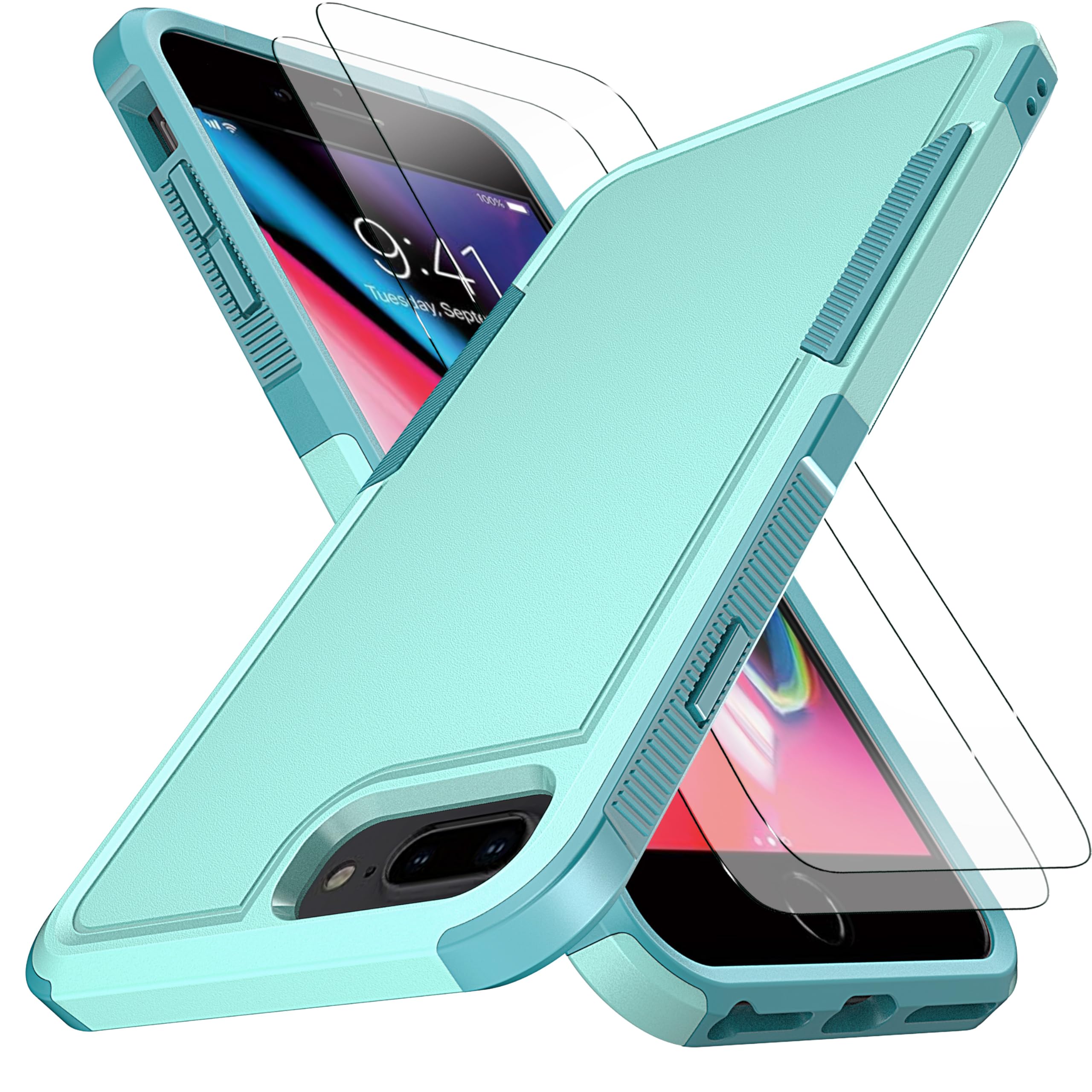 YmhxcY for iPhone 7/8 Plus Case [10 FT Military Grade Drop Protection] [Non-Slip] [2 pcs TPE HD Screen Protector] Heavy Duty Full-Body Shockproof Case for iPhone 7/8 Plus 5.5“-Mint Green