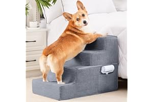 HYLEORY Dog Stairs for Bed 18''H, 4-Step Pet Stairs for Small Dogs & Cats, Sturdy Pet Steps with Non-Slip Bottom, Functional Portable Dog Ramp for Couch/Chair/Sofa/Car, with Storage Pocket, Grey