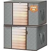 BALEINE 2 Pack Clothes Storage Bags, 16 Gallon Storage Containers with Reinforced Handle, Sturdy Zipper, Closet Organizer for Blanket, Comforter, Pillow, Bedding (Grey, 2 Pack)