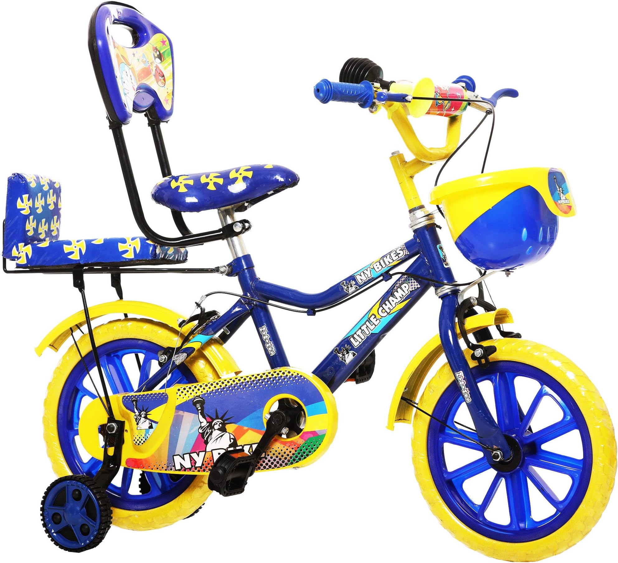 NY Bikes Little Champ 14T Double seat Kids Bicycle for 3 to 5 Years Age Group (Blue and Yellow)