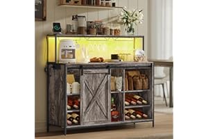 VASAGLE Coffee Bar Cabinet with Power Outlet and Voice Control LED Light, Buffet Cabinet with Sliding Barn Doors, S Hooks, Wine Glass Racks, Bottle Holders, Maple Gray ULSC201G01