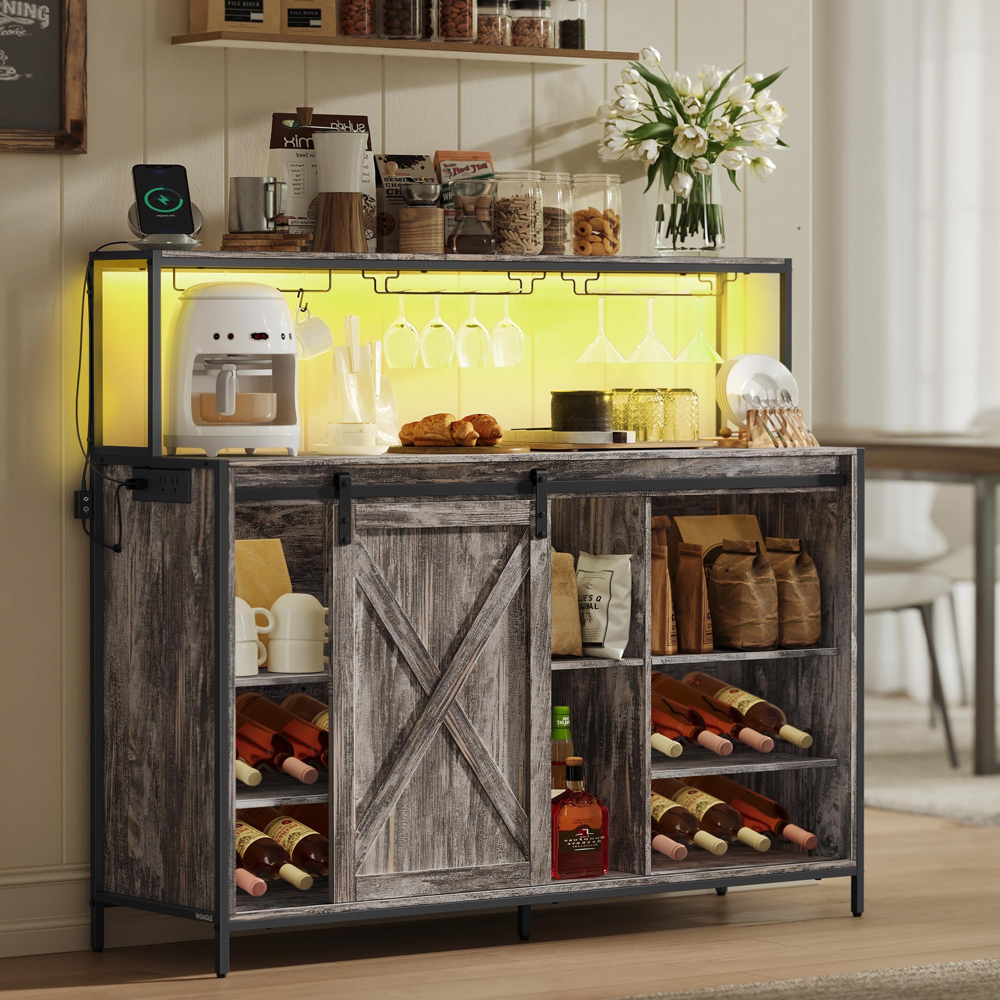 VASAGLE Coffee Bar Cabinet with Power Outlet and Voice Control LED Light, Buffet Cabinet with Sliding Barn Doors, S Hooks, Wine Glass Racks, Bottle Holders, Maple Gray ULSC201G01 Image