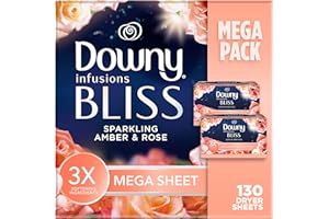 Downy Infusions Mega Dryer Sheets, Laundry Fabric Softener, BLISS, Amber and Rose, 130 Count